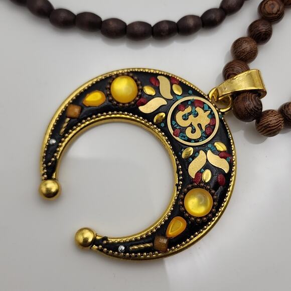 Boho Wood Bead Gold Pendant Necklace - Picture 3 of 4